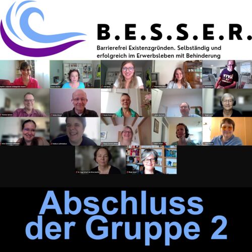 Besser-Logo, ein Foto der Zoomsitzung mit 17 Teilnehmenden und der Text "Abschluss der Gruppe 2"