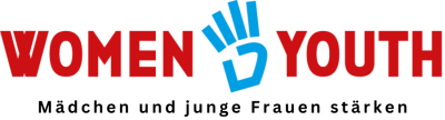 In großen roten Buchstaben steht "Women" und "Youth", dazwischen ist eine blaue Hand, die vier Finger in die Luft streckt. Zusammen liest sich das "Women For Youth".