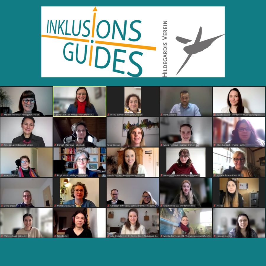 Auf dem Bild sind die Videokacheln der Teilnehmenden des Resonanzgruppentreffens abgebildet. In der Kopfzeile befindet sich das Logo der InklusionsGuides.
