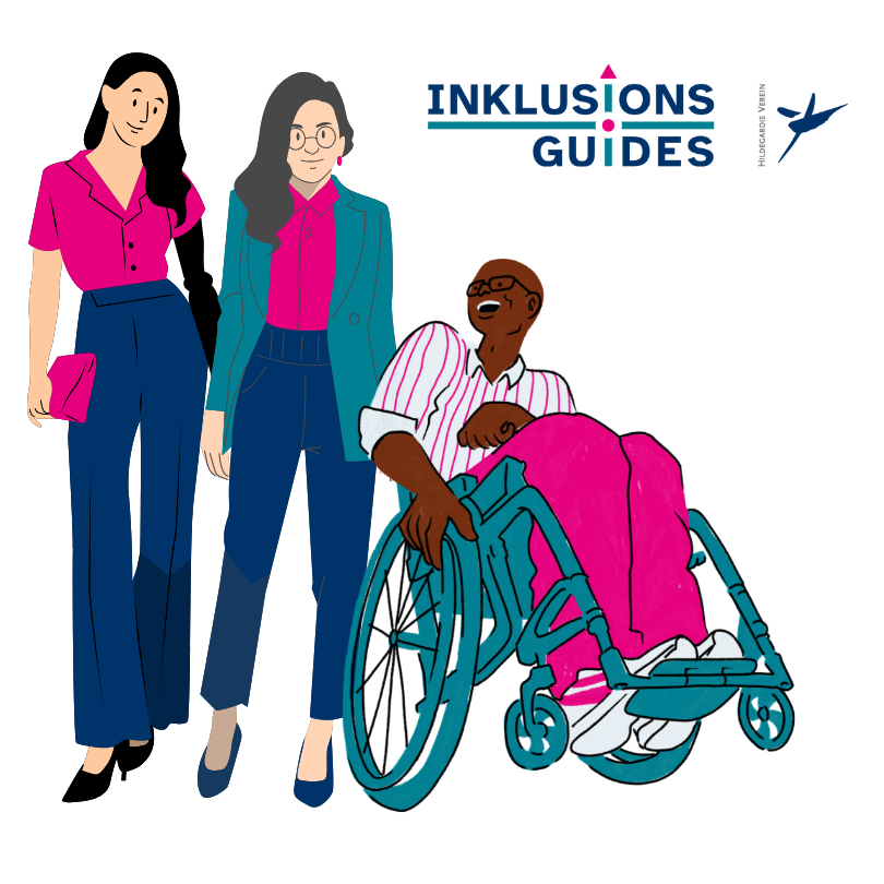 Das Symbolbild zeigt drei Menschen mit Beeinträchtigung in einem Comic-Stil