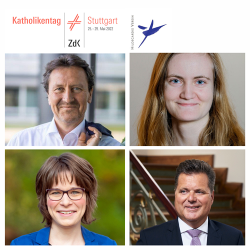 Auf dem Bild befinden sich Portraitaufnehmen der Teilnehmenden des Podiums. Oben Links Olaf Gutzeit, oben rechts Julia Schönbeck, unten links Hannah Schepers, unten rechtes Jürgen Dusel. In der Kopfzeile befinden sich die Logos vom ZdK in der Fassung des Katholikentags in Stuttgart und des Hildegardis-Vereins.