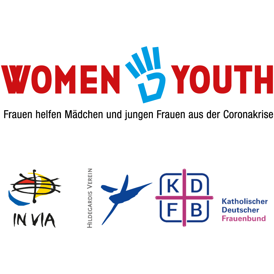Die Abbildung zeigt die verschiedenen Logos der zusammenarbeitenden Partner (Hildegardis-Verein, IN VIA, KDFB). Über ihnen befindet sich das Logo des Projekts Women4Youth.